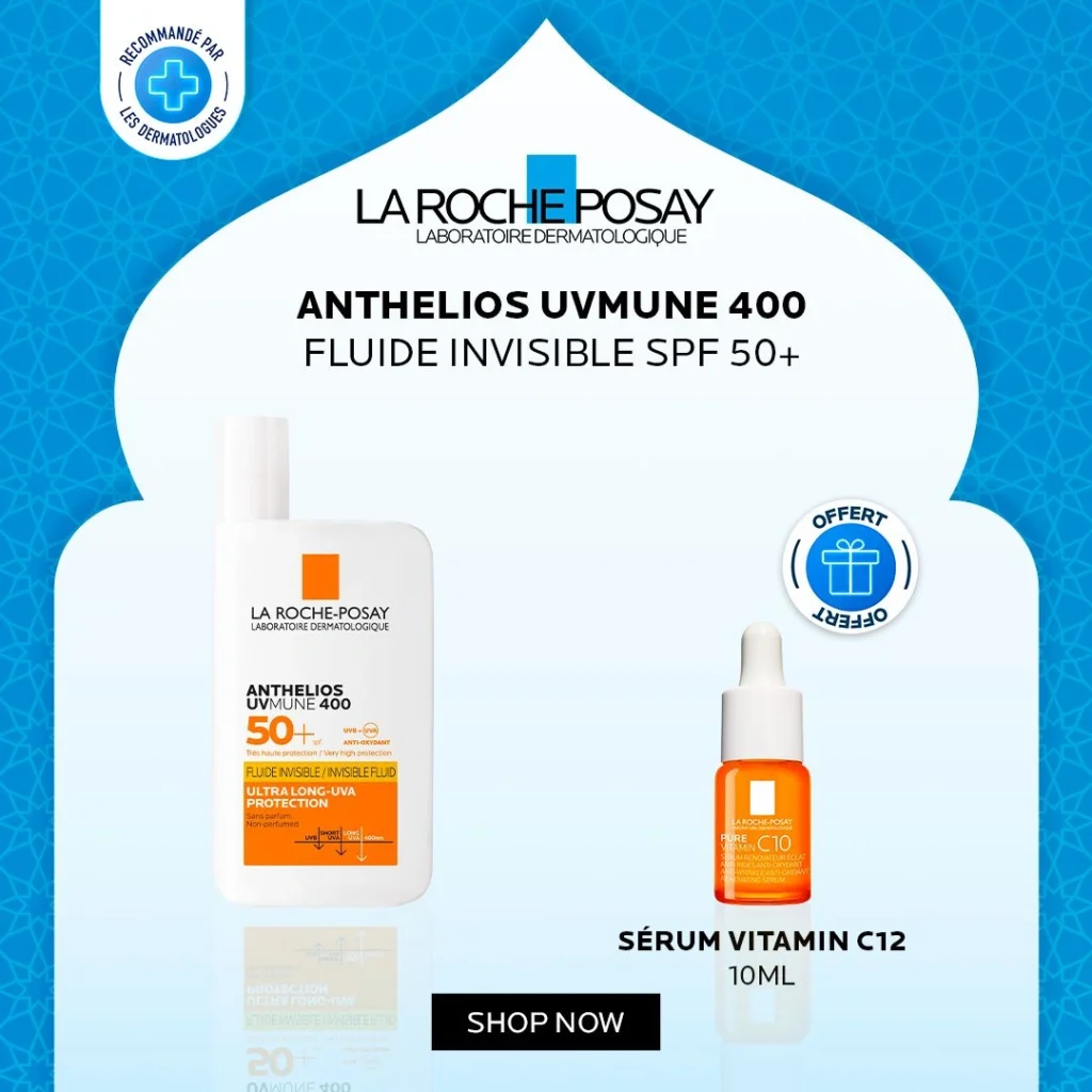 Flacon de fluide solaire invisible La Roche-Posay Anthelios UVMUNE 400 SPF 50+ pour une protection visage imperceptible.