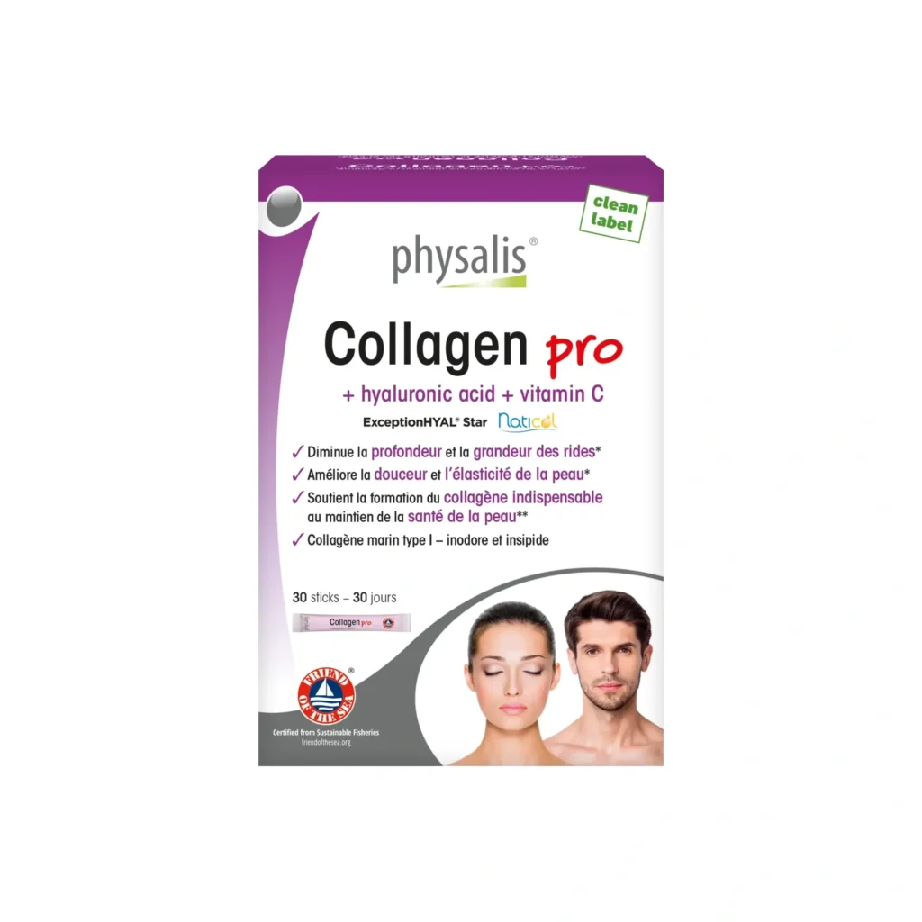 Boîte de 30 sticks de Collagène en Poudre Marin Physalis Collagen Pro avec acide hyaluronique et vitamine C.