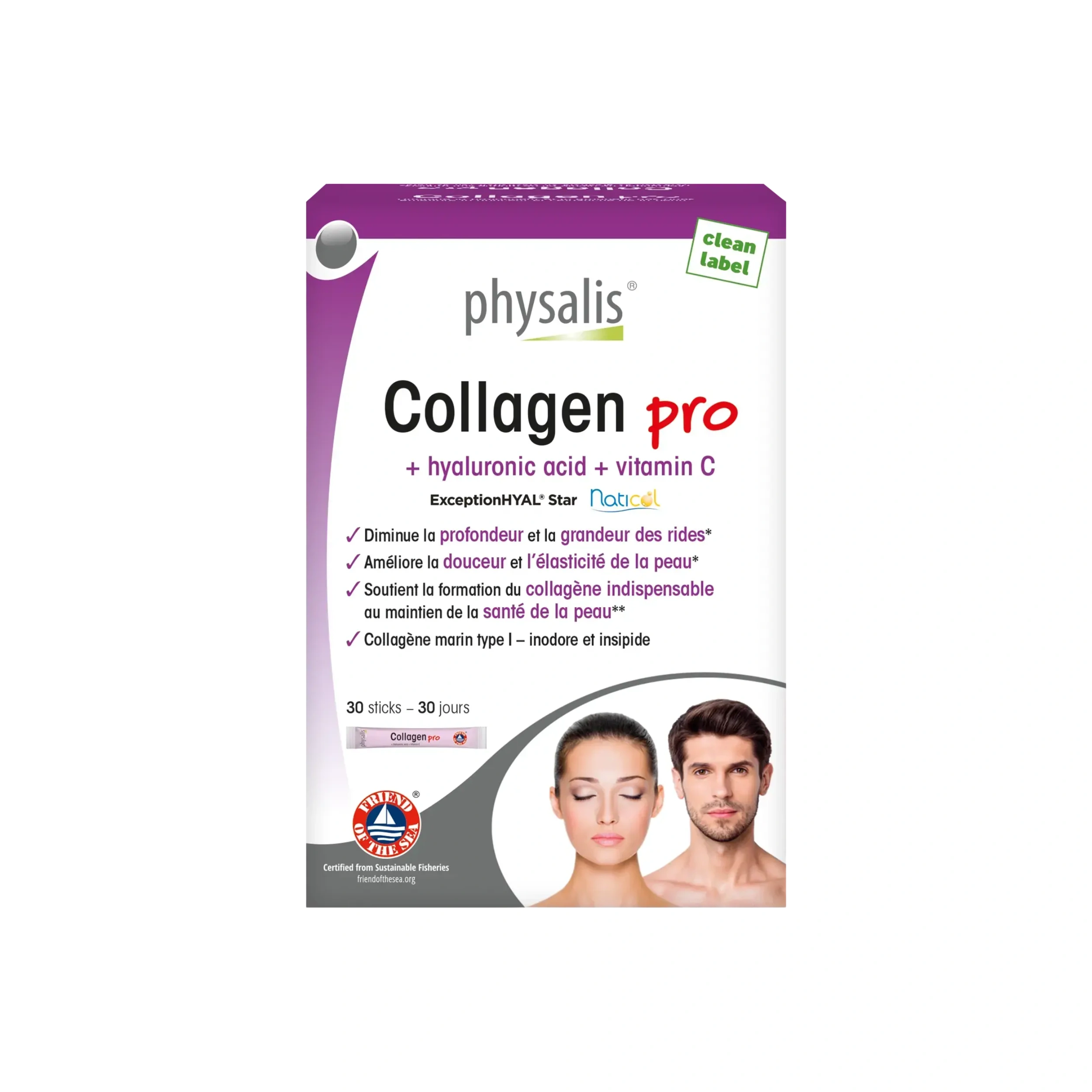 Boîte de 30 sticks de Collagène en Poudre Marin Physalis Collagen Pro avec acide hyaluronique et vitamine C.