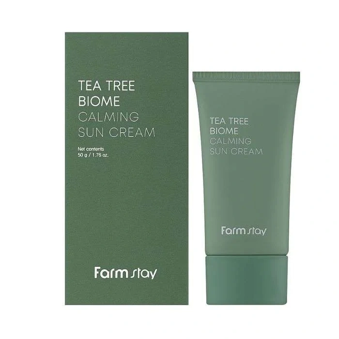 farmstay-tea-tree-biome-calming-sun-creme-solaire-apaisante-arbre-a-the-50g Crème Solaire Apaisante Arbre à Thé Farmstay au Tea Tree et Centella Asiatica pour peaux sensibles et mixtes.