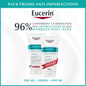 Tube de crème corps Eucerin DermoPure Triple Action contre les imperfections et marques de boutons.