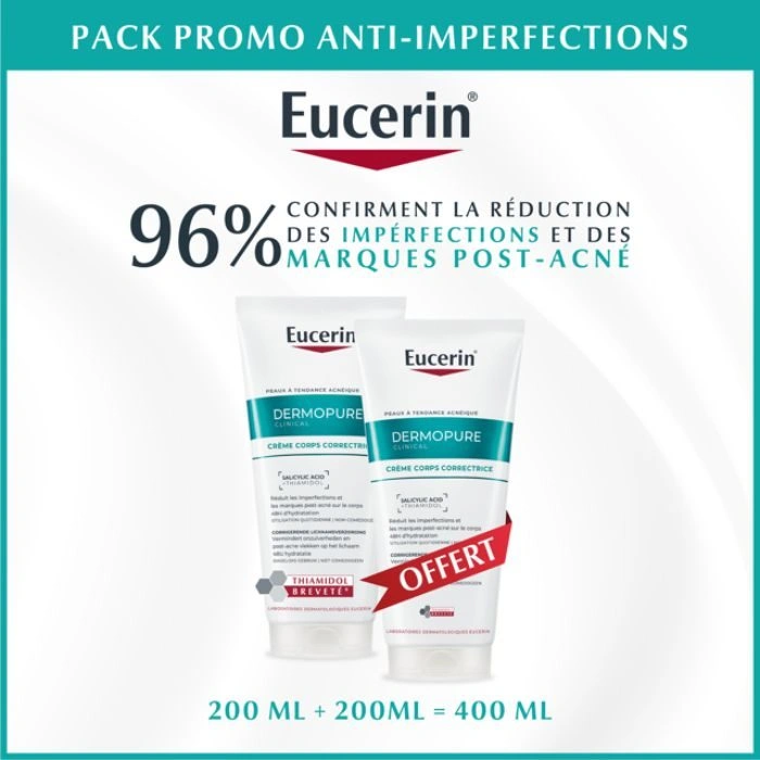 Tube de crème corps Eucerin DermoPure Triple Action contre les imperfections et marques de boutons.