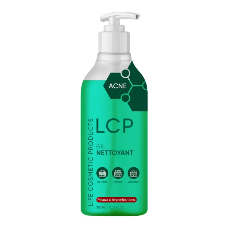 Flacon de LCP Acne Gel Nettoyant 350ml pour peaux grasses et acnéiques, visage et corps.