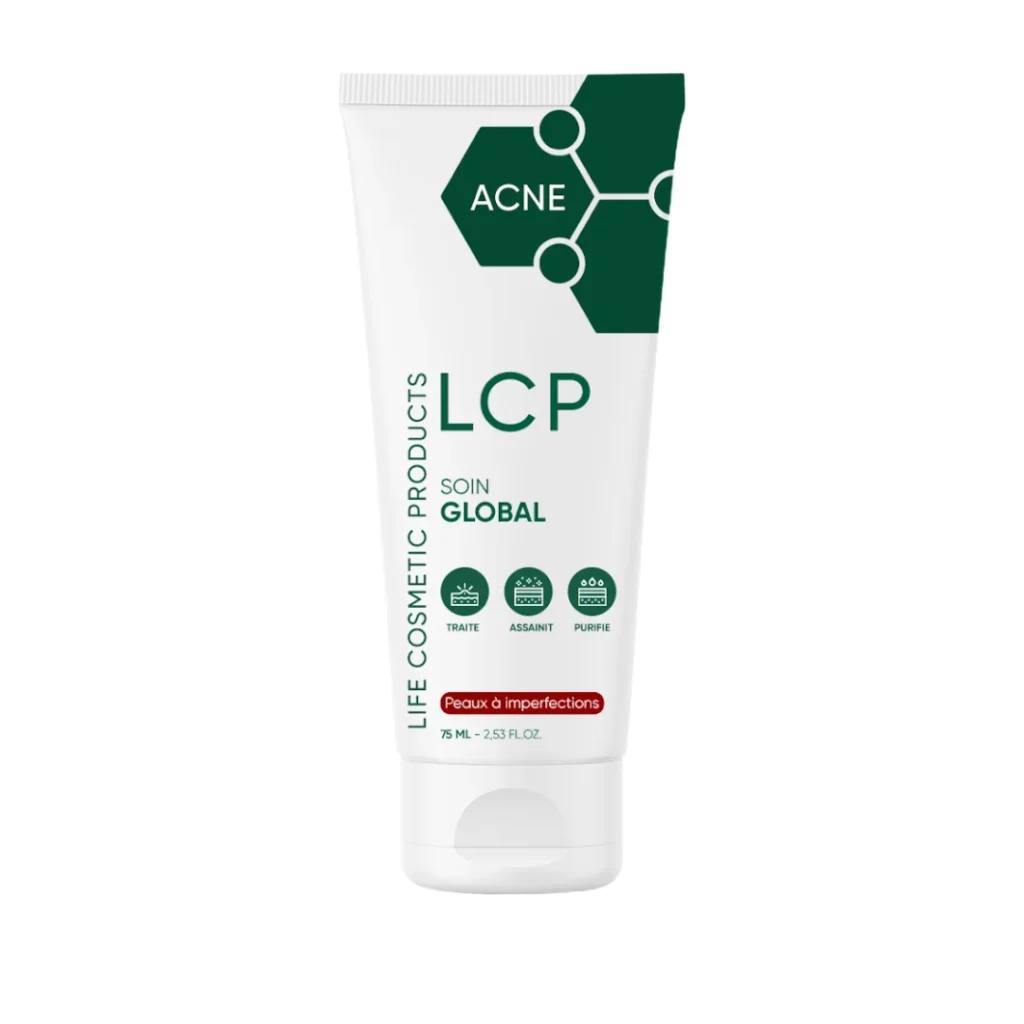 Tube de LCP Acne Soin Global 75ml, traitement complet pour peaux acnéiques et grasses.