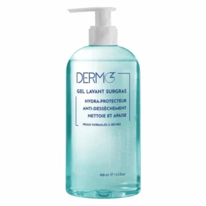 Flacon de Dermoz Gel Lavant Surgras 400ml pour peaux normales à sèches, adultes et enfants.