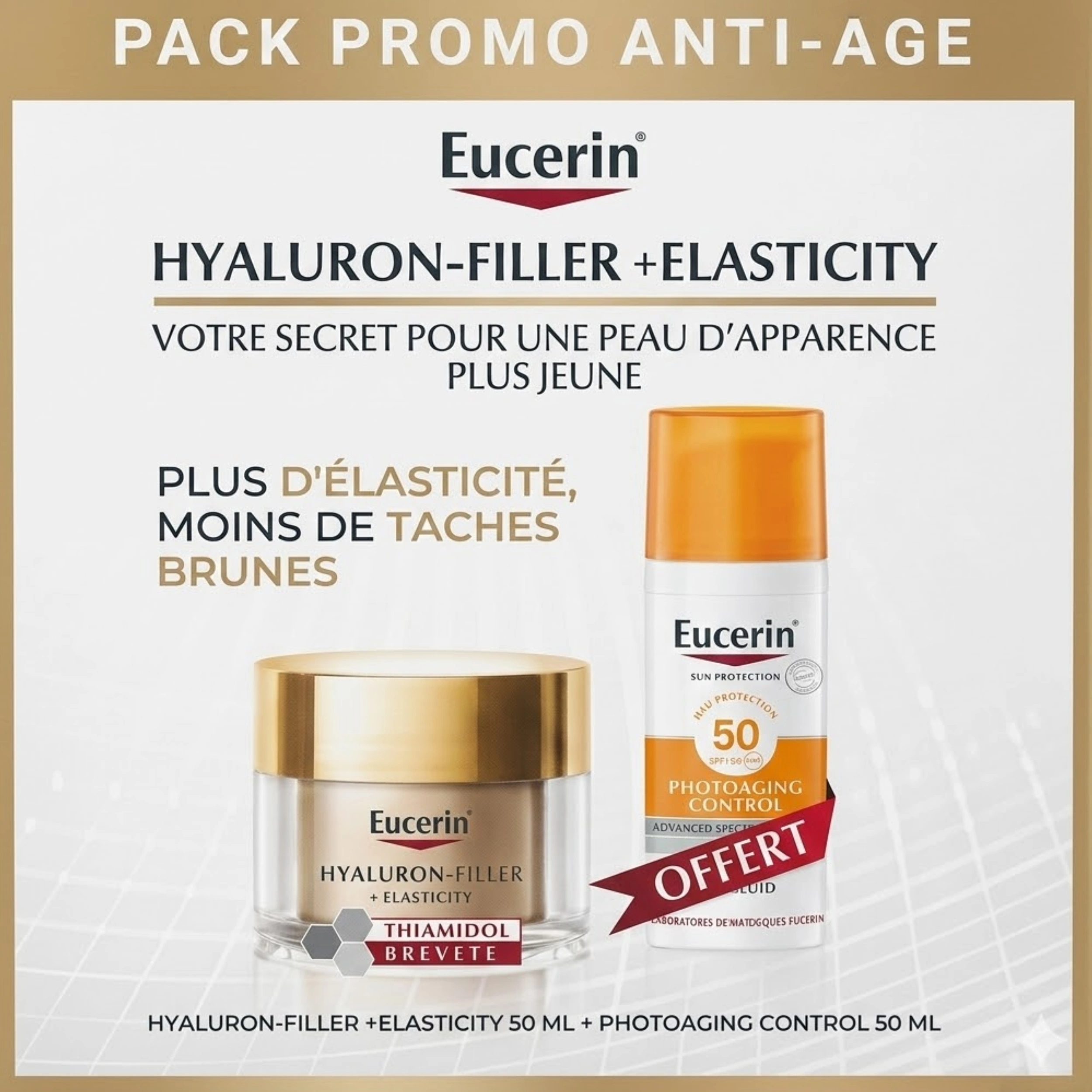 Pack Anti-Âge Peaux Matures Eucerin incluant le soin de nuit Elasticity et la protection solaire anti-âge.