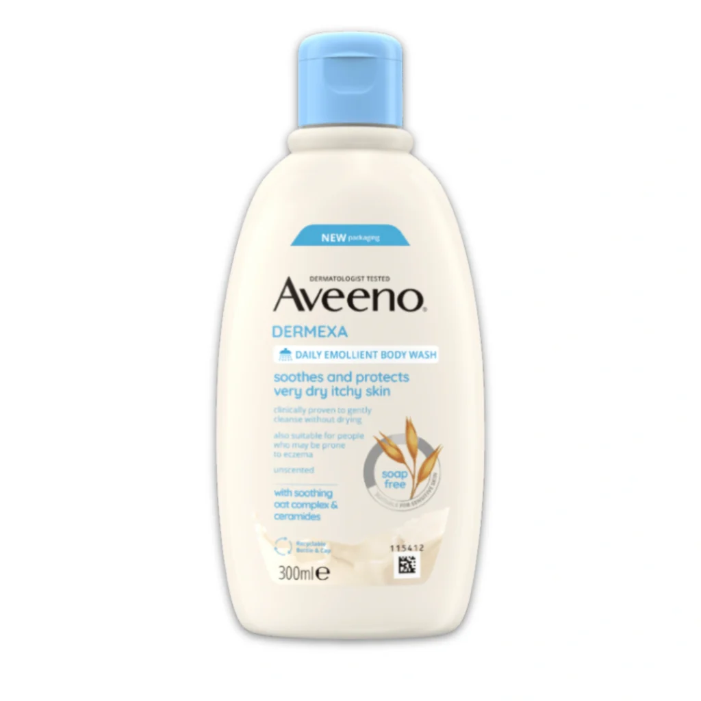 Gel Lavant Émollient Aveeno Dermexa pour peaux très sèches et sujettes à l'eczéma.