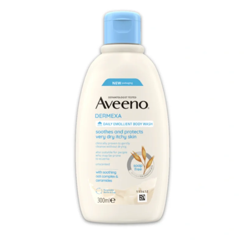 Gel Lavant Émollient Aveeno Dermexa pour peaux très sèches et sujettes à l'eczéma.