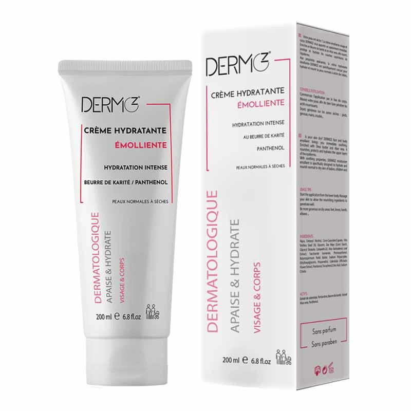 Tube de DERMOZ Crème Hydratante Émolliente 200ml pour visage et corps, peaux sèches.