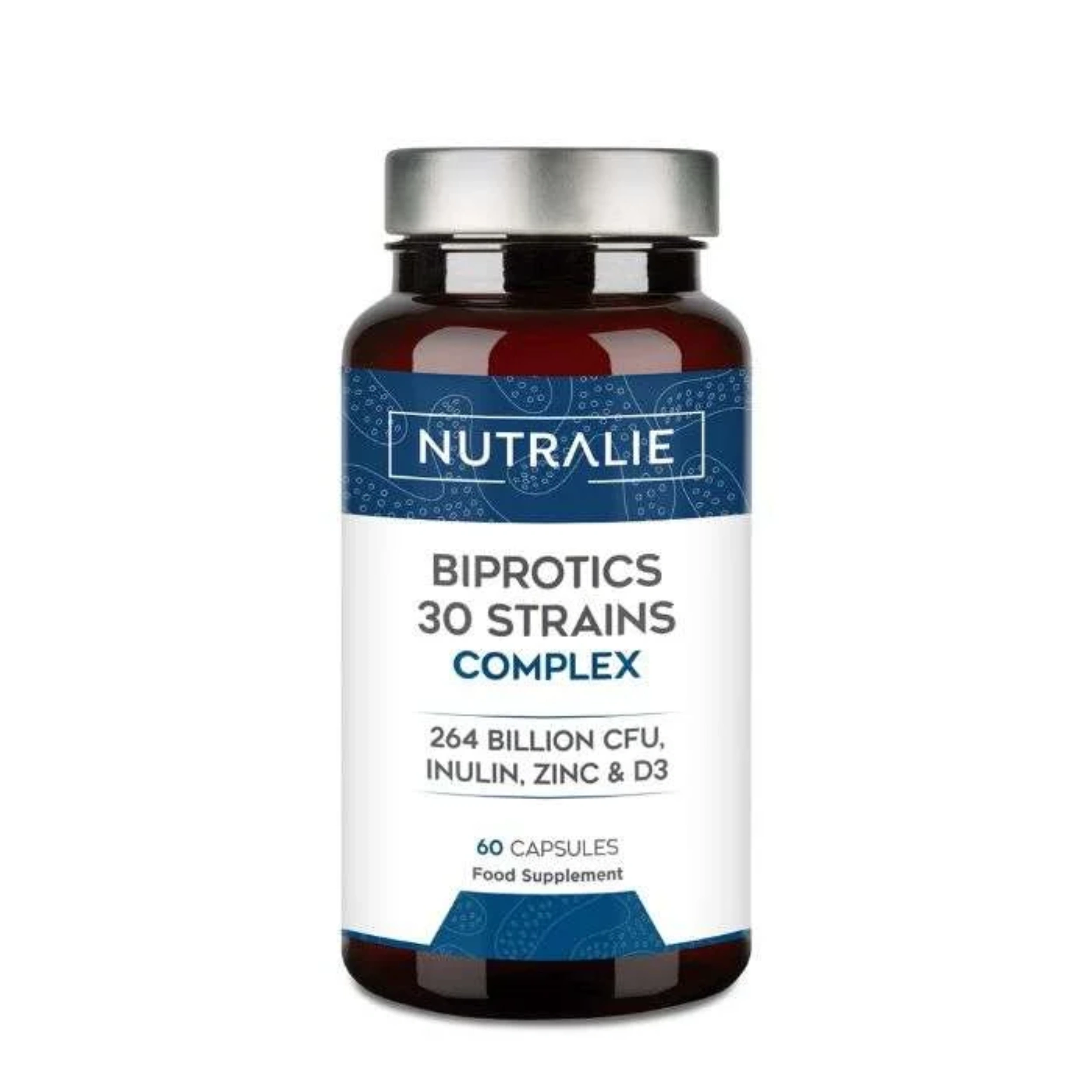 Flacon de Nutralie Biprotics 30 Strains Complex 132 milliards d'UFC pour l'équilibre de la flore intestinale.