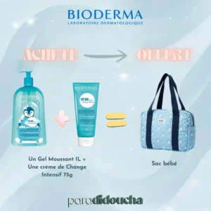 Pack Offre Bioderma ABCDerm comprenant le gel lavant 1L, la crème de change et un sac offert.