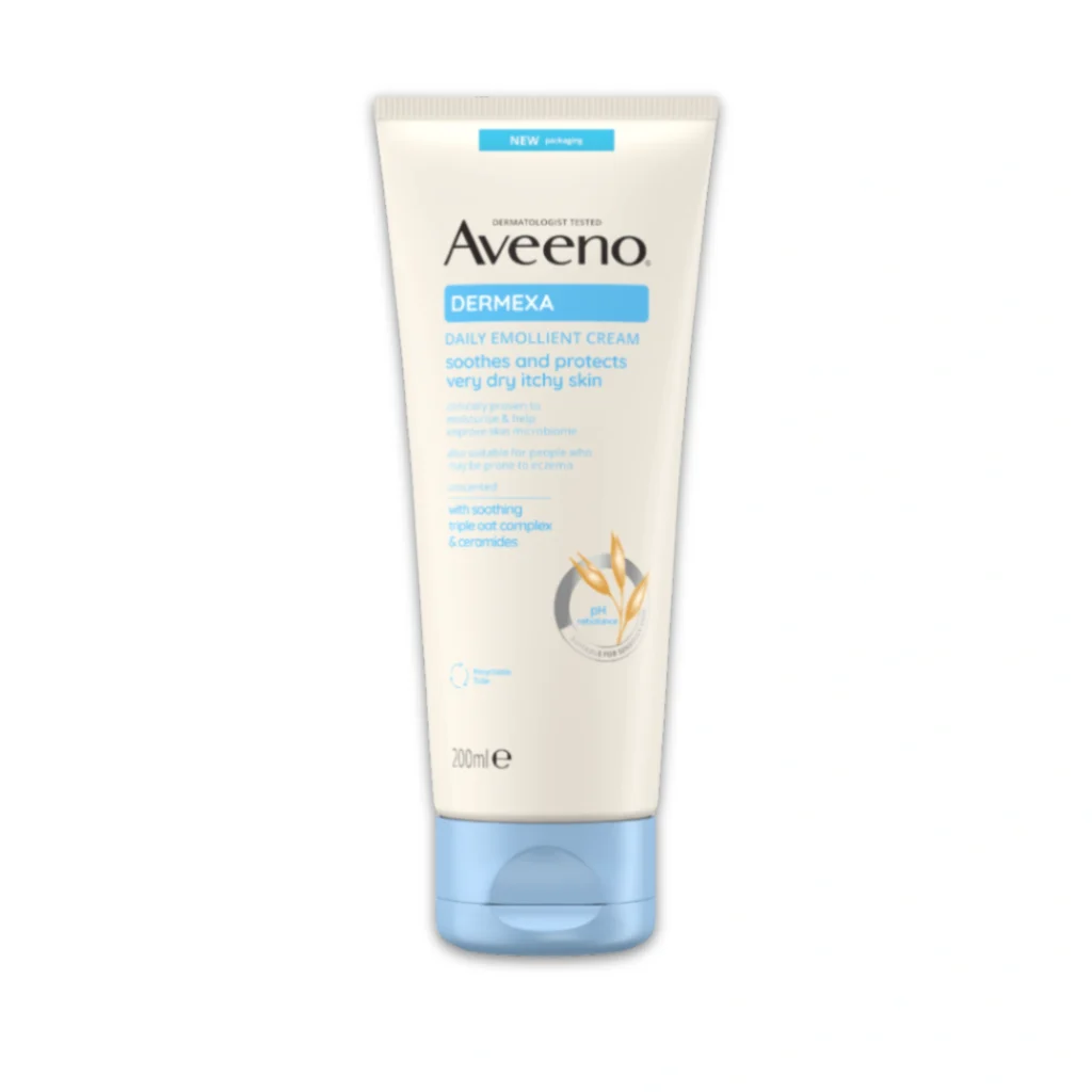 Crème Émolliente Aveeno Dermexa pour le soin des peaux atopiques et sujettes à l'eczéma.