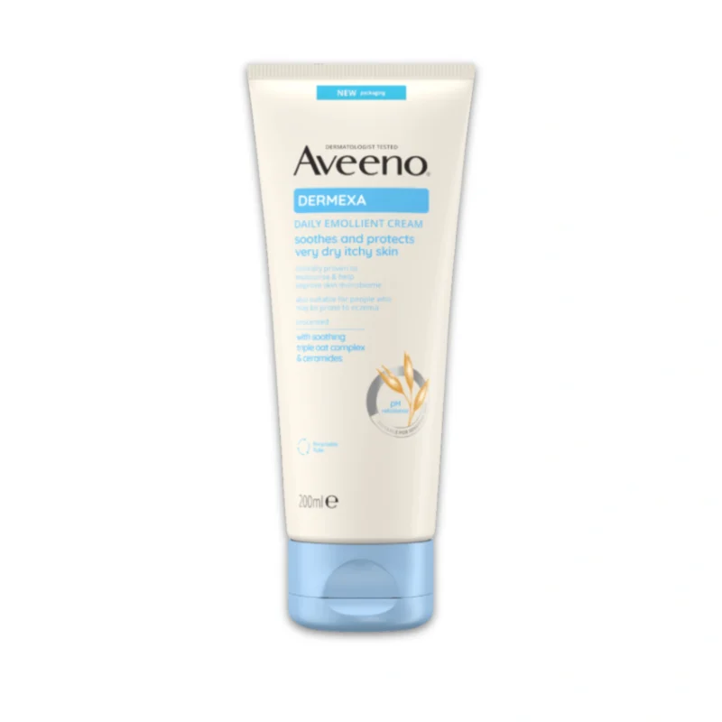 Crème Émolliente Aveeno Dermexa pour le soin des peaux atopiques et sujettes à l'eczéma.
