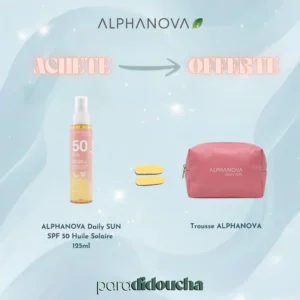 Flacon d'Huile Solaire SPF 50 ALPHANOVA Daily Sun pour visage, corps et cheveux au parfum de Monoï.