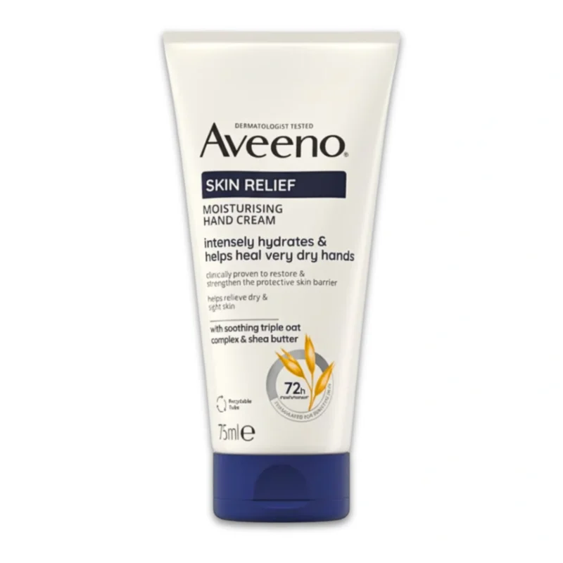 Tube de Crème Mains Réparatrice Aveeno Skin Relief à l'avoine colloïdale pour mains très sèches et gercées.