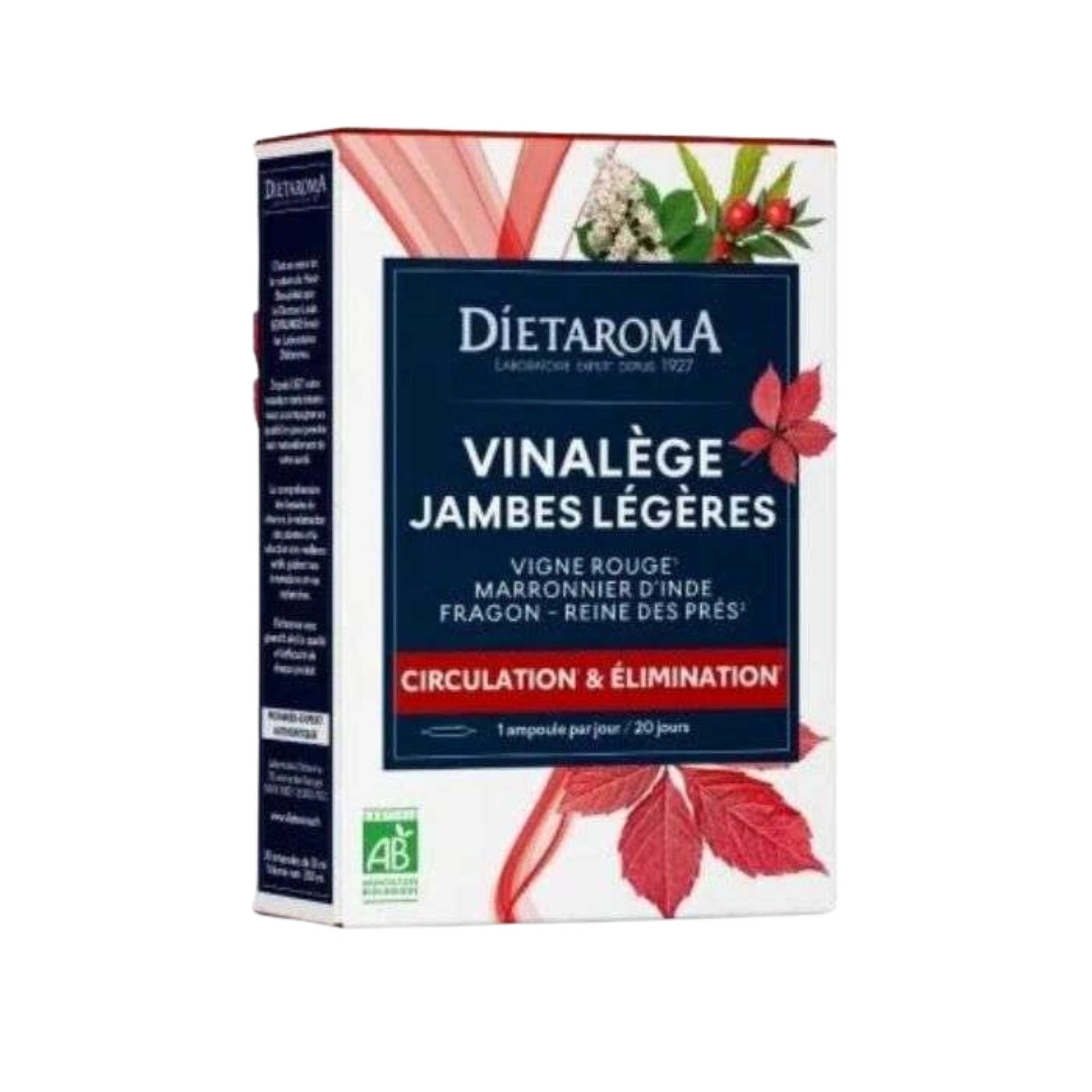 Boîte de 20 Ampoules Jambes Légères DIETAROMA Vinalège Bio pour une circulation et un drainage optimaux.