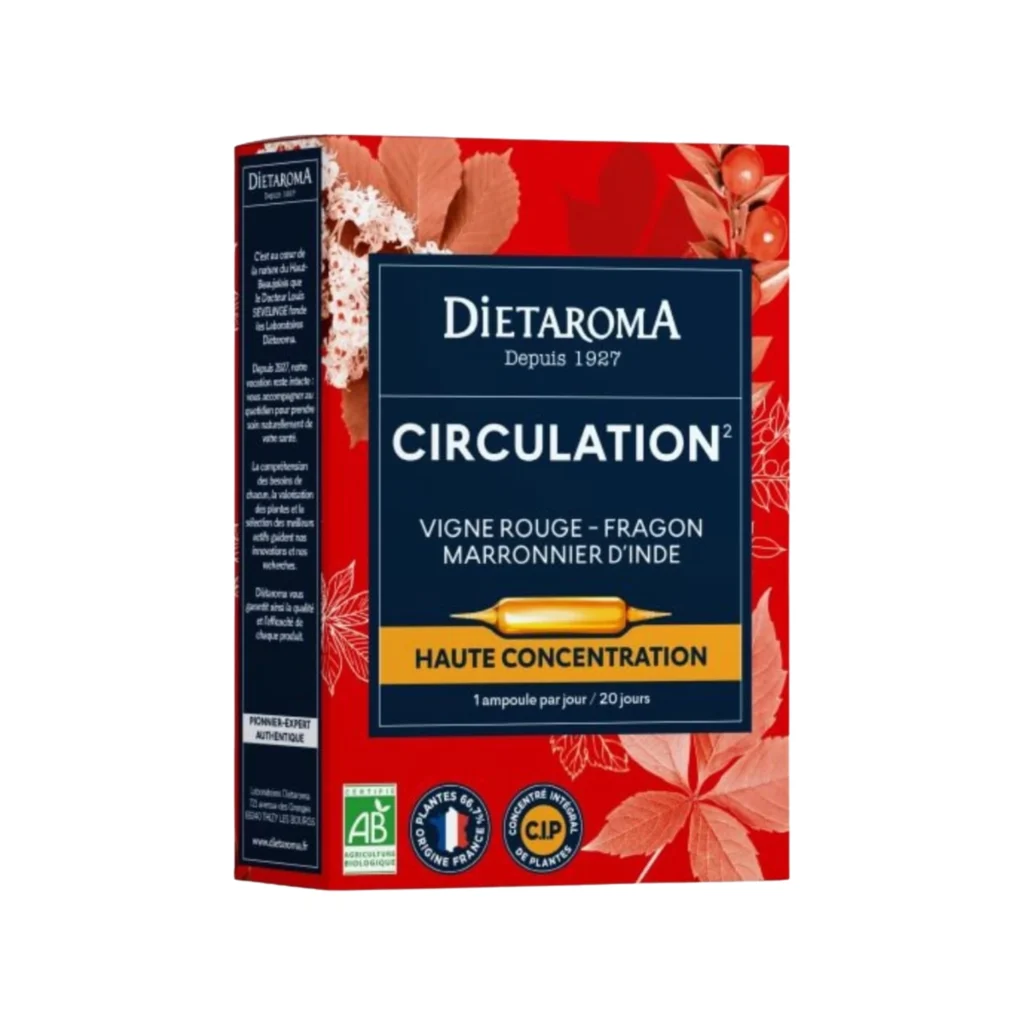 Boîte de 20 Ampoules Circulation Jambes Lourdes Dietaroma Bio haute concentration aux extraits de vigne rouge.