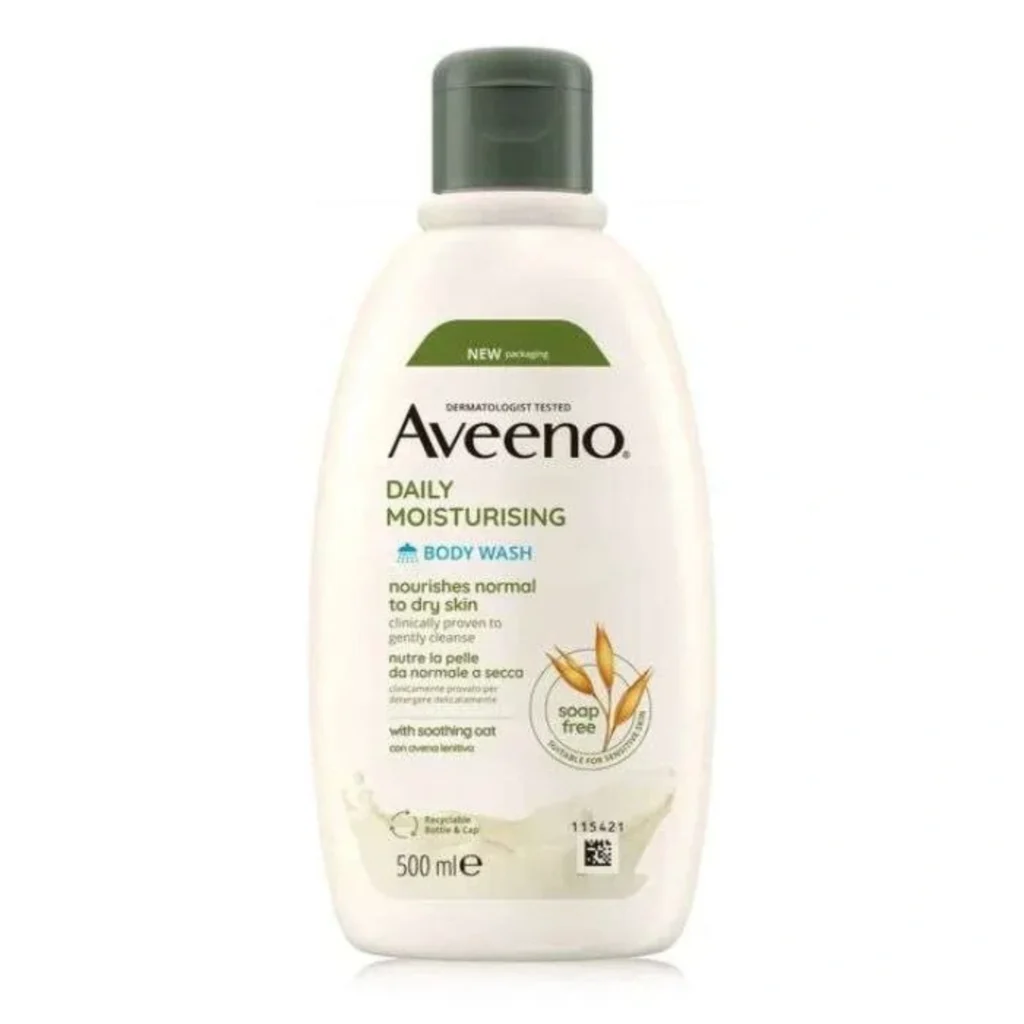 Flacon de Gel Douche Hydratant Quotidien Aveeno à l'avoine apaisante pour peaux sèches et sensibles.