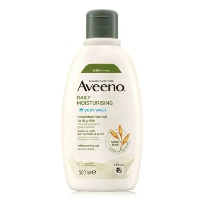 Flacon de Gel Douche Hydratant Quotidien Aveeno à l'avoine apaisante pour peaux sèches et sensibles.