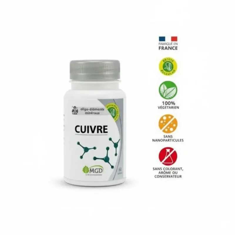 Complément Alimentaire Cuivre MGD Nature en 60 gélules pour le soutien de l'immunité et des tissus conjonctifs.
