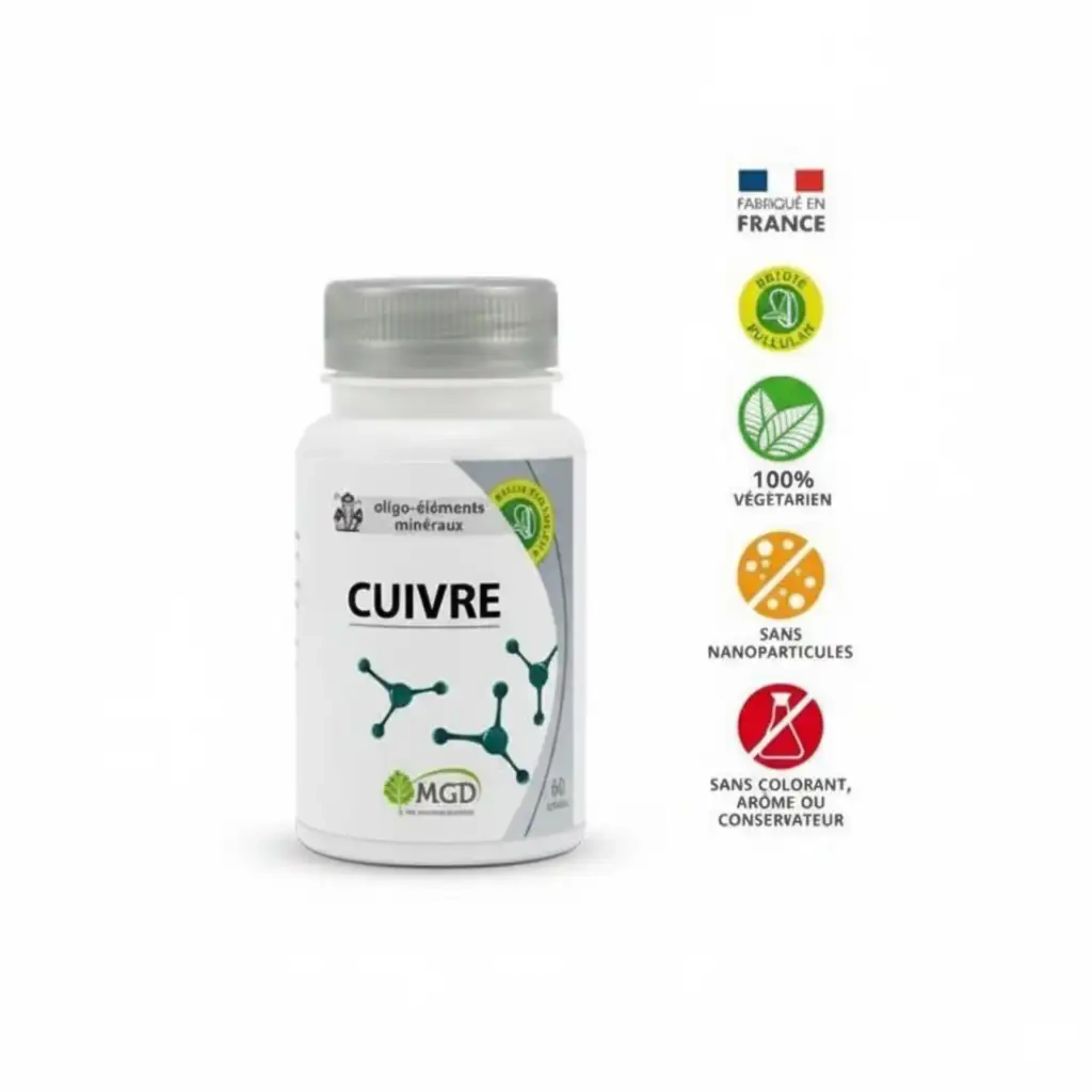 Complément Alimentaire Cuivre MGD Nature en 60 gélules pour le soutien de l'immunité et des tissus conjonctifs.