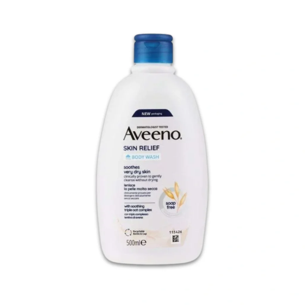 Flacon de Gel Lavant Peaux Sensibles Aveeno Skin Relief sans savon pour apaiser les peaux sèches.