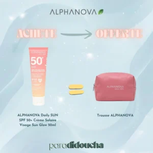 Flacon de Crème Solaire Visage SPF 50+ ALPHANOVA Daily Sun Glow, haute protection antioxydante et hydratante.