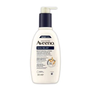 Flacon-pompe de Lotion Corporelle Hydratante Aveeno Skin Relief pour soulager les peaux sèches et sensibles.