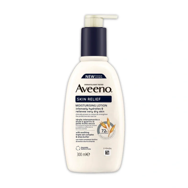 Flacon-pompe de Lotion Corporelle Hydratante Aveeno Skin Relief pour soulager les peaux sèches et sensibles.