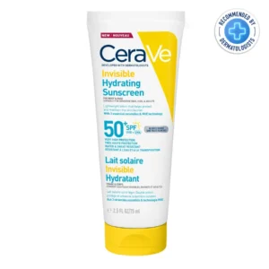 Tube de CeraVe Lait Solaire Invisible Hydratant SPF 50+ pour visage et corps, 75ml.