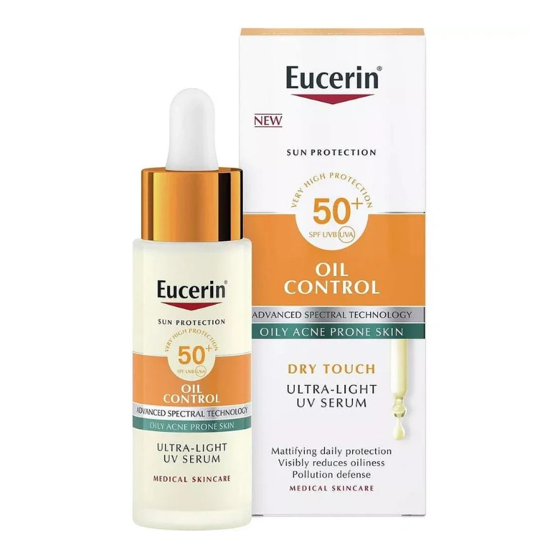 Flacon-pipette Eucerin Sun Oil Control Ultra-Light UV Serum SPF50+ pour peaux mixtes à grasses.