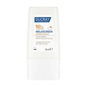 Flacon de Ducray Melascreen Control Fluide Invisible SPF50+, protection quotidienne anti-taches 365 jours.