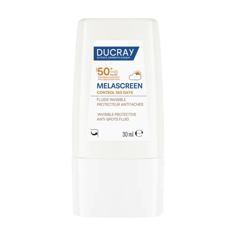 Flacon de Ducray Melascreen Control Fluide Invisible SPF50+, protection quotidienne anti-taches 365 jours.