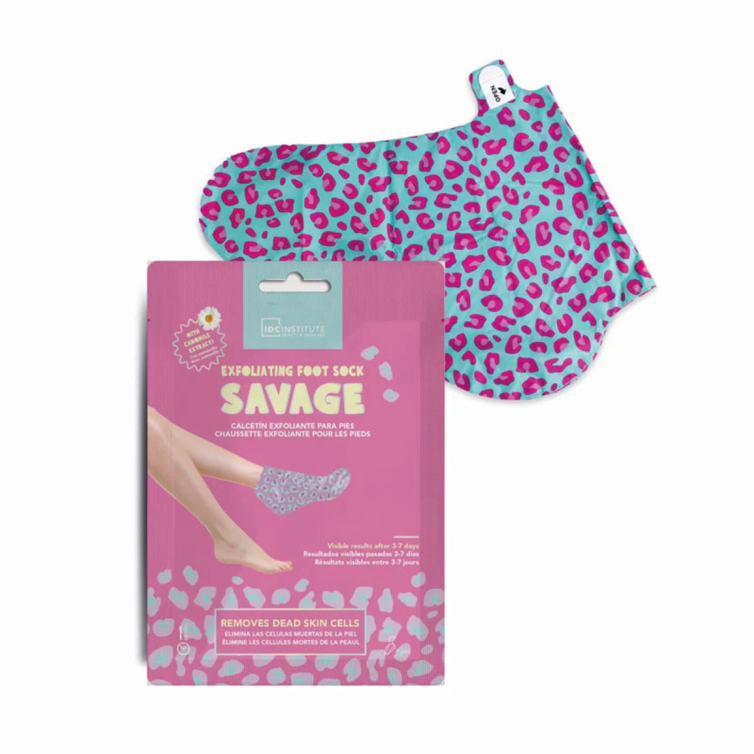 Packaging Savage Exfoliating Foot Sock IDC Institute, chaussette exfoliante pour pieds secs.