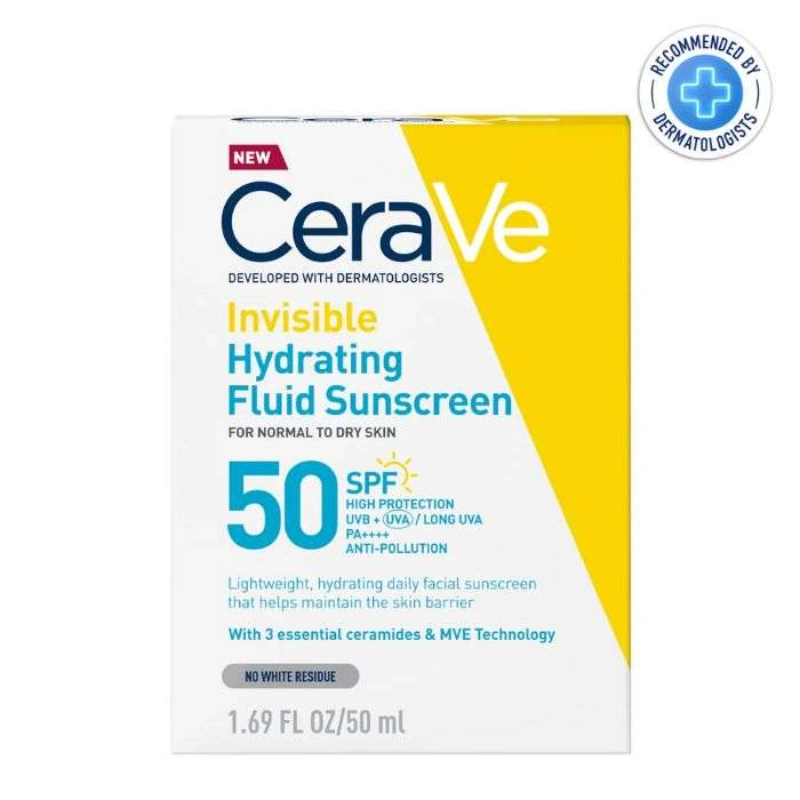 Flacon de CeraVe Fluide Solaire SPF 50 Invisible et Hydratant, protection visage aux céramides.