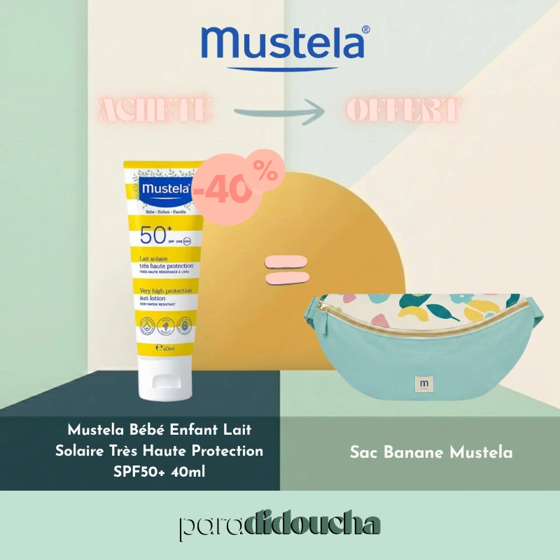 Tube de Mustela Lait Solaire SPF50+ Très Haute Protection 40ml pour bébé et enfant, format compte-gouttes.