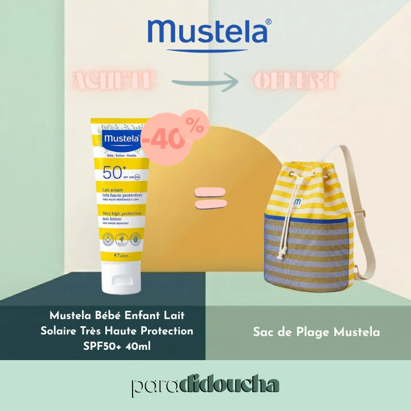 Tube de Mustela Lait Solaire SPF50+ Très Haute Protection 40ml pour bébé et enfant, format compte-gouttes.