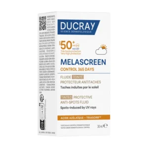 Flacon Ducray Melascreen Control Fluide Teinté SPF50+, protection anti-taches et effet bonne mine immédiat.