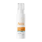 Flacon pompe Avène Fluide Anti-Imperfection SPF50, haute protection solaire pour peaux à tendance acnéique.