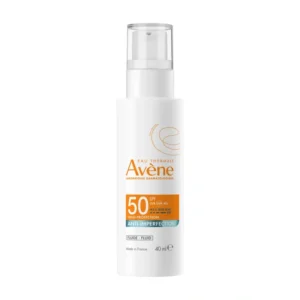 Flacon pompe Avène Fluide Anti-Imperfection SPF50, haute protection solaire pour peaux à tendance acnéique.
