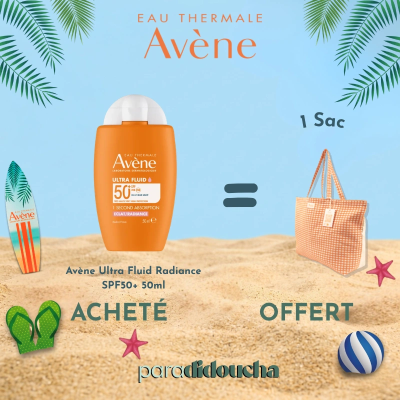 Flacon de Avène Ultra Fluid Radiance SPF50+, protection solaire ultra-légère et booster d'éclat.