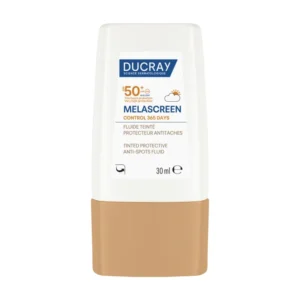 Flacon Ducray Melascreen Control Fluide Teinté SPF50+, protection anti-taches et effet bonne mine immédiat.
