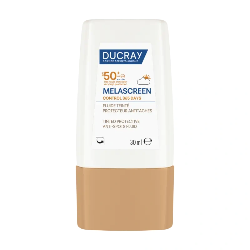 Flacon Ducray Melascreen Control Fluide Teinté SPF50+, protection anti-taches et effet bonne mine immédiat.