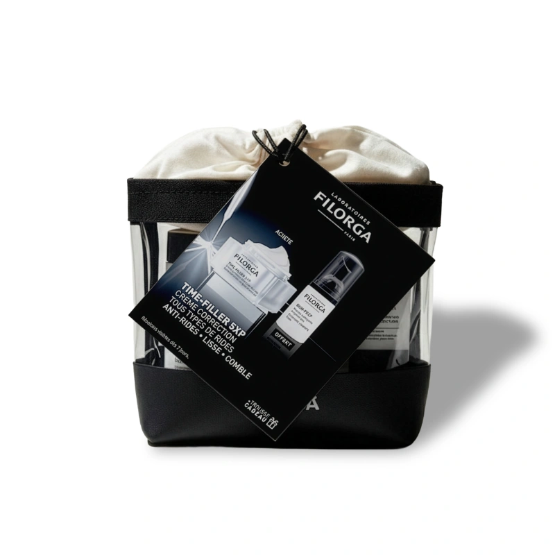 Coffret Filorga Time-Filler 5XP avec crème 50ml, mousse nettoyante offerte et pouchon.