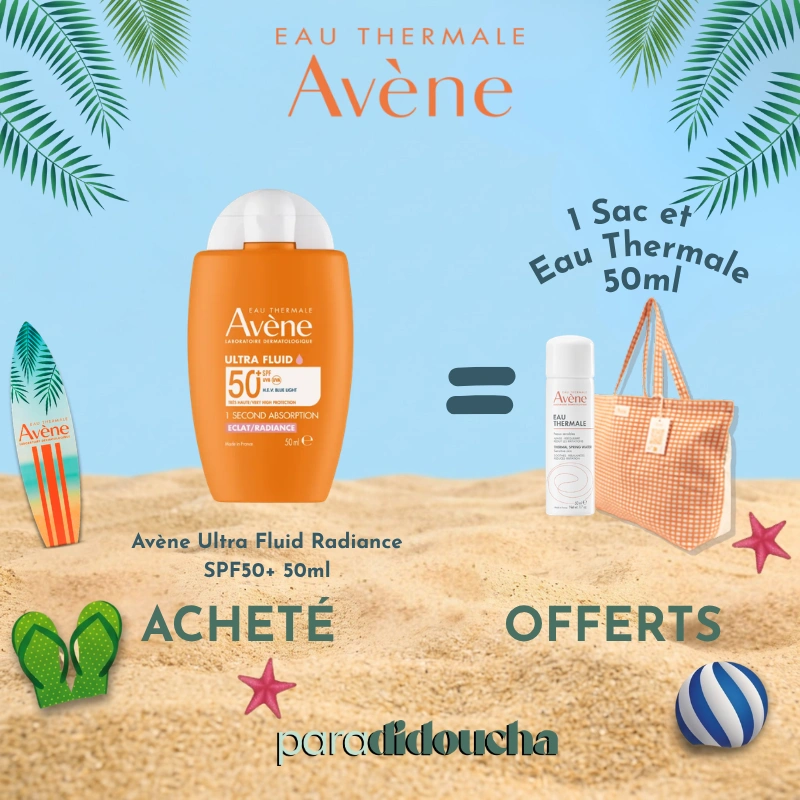 Flacon de Avène Ultra Fluid Radiance SPF50+, protection solaire ultra-légère et booster d'éclat.