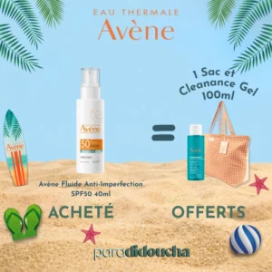 Flacon pompe Avène Fluide Anti-Imperfection SPF50, haute protection solaire pour peaux à tendance acnéique.