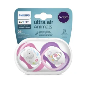 Pack de 2 AVENT Sucettes Ultra Air 6-18m pour fille, motifs éléphant et pingouin avec boîte de stérilisation.