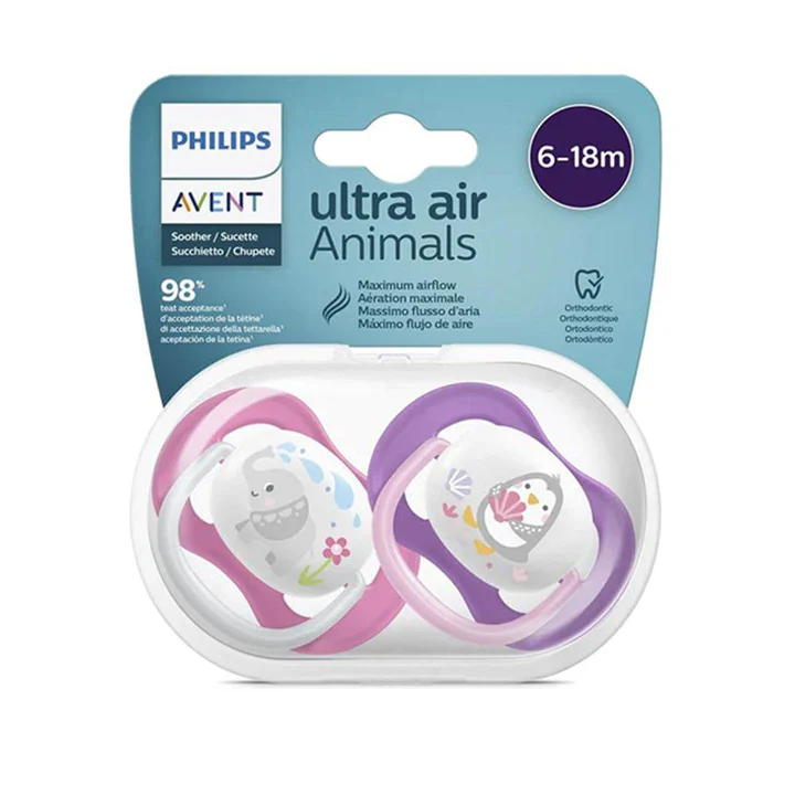 Pack de 2 AVENT Sucettes Ultra Air 6-18m pour fille, motifs éléphant et pingouin avec boîte de stérilisation.
