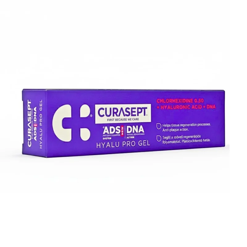 Tube de Curasept ADS Hyalu Pro Gel 30ml, gel gingival régénérant à l'acide hyaluronique et système anti-coloration.