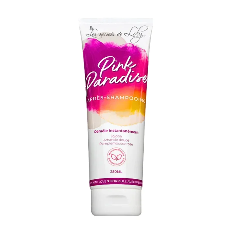 les-secrets-de-loly-pink-paradise-apres-shampoing-250ml Flacon d'après-shampoing démêlant et fortifiant Pink Paradise Les Secrets de Loly 250ml pour cheveux texturés.